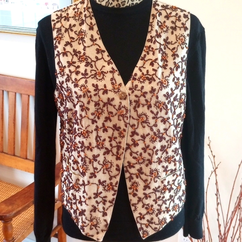 Vintage Ann Tjian for Kenar Beaded Linen Blend Vest, Size:L Color:Tan and Brown